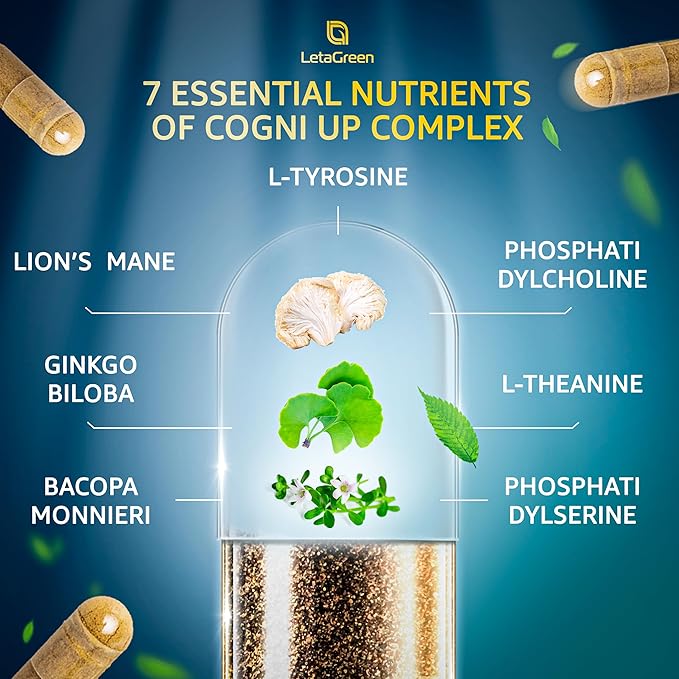 Organic Lions Mane Supplement Capsules - 240 Real Mushrooms Lion's Mane Capsules with Ginkgo Biloba Herb, Bacopa Monnieri, L Theanine, L Tyrosine - Mushroom Complex for Daily Wellness