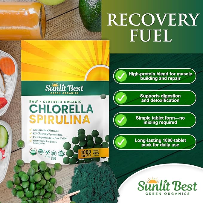 Sunlit Best Chlorella Spirulina Tablets - Organic USDA, Premium Spirulina and Chlorella Tablets 1000 Count - Sun Chlorella Pure Natural Superfood with Algae, Enzymes Chlorophyll & Vegan Protein