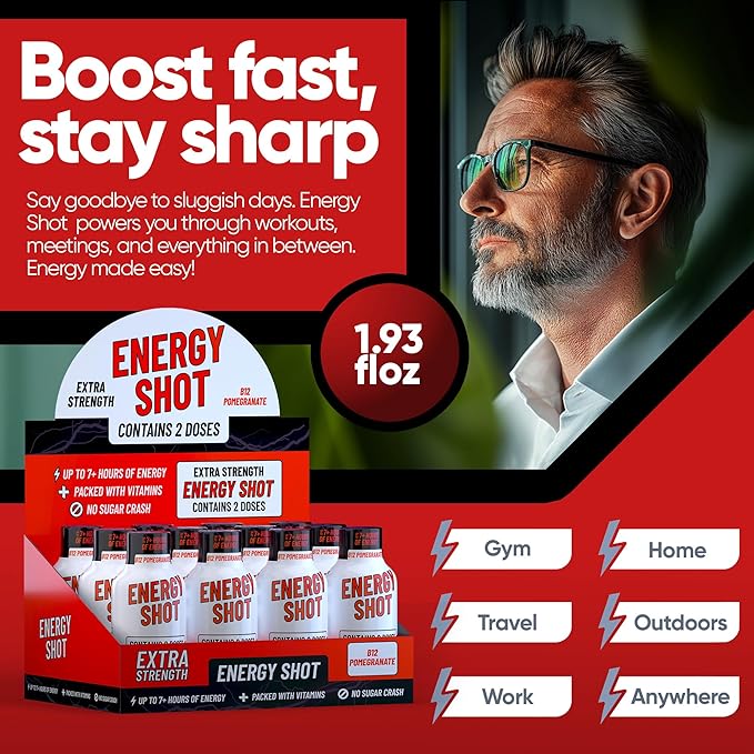 Açaí Pomegranate Extra Strength Energy Shot 12 pk – 260mg Natural Caffeine B12 B6 – Energy & Focus Support – 2 Servings Sugar Free Zero Calorie Green Tea B-Vitamins Electrolytes Vegan – 1.93 fl oz