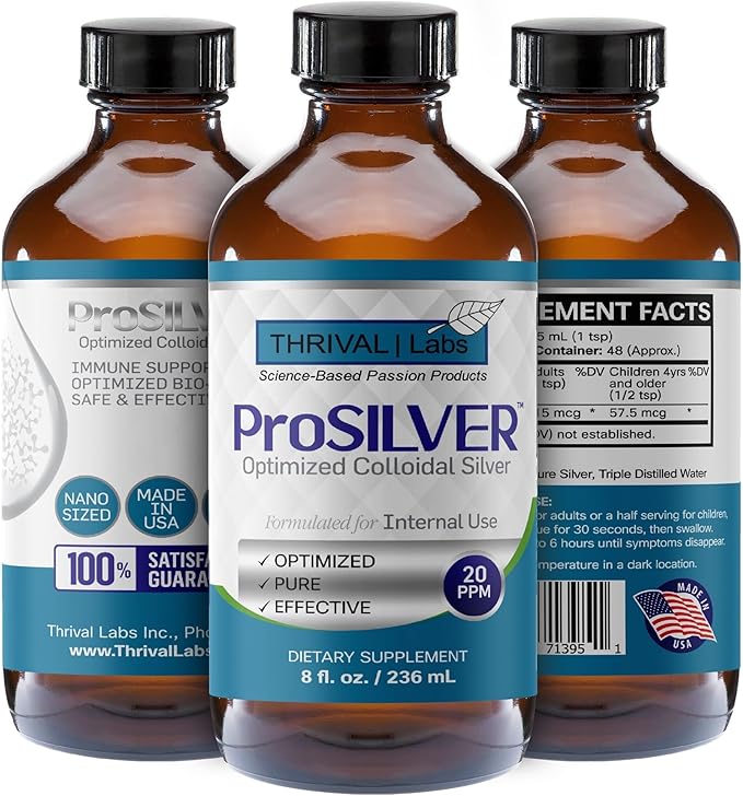 ProSILVER Blue Label 20 PPM Colloidal Silver Liquid (8oz), Optimized Bio-Active Liquid Silver Nanoparticles for Immune Support, Dark Glass Bottle - Thrival Labs