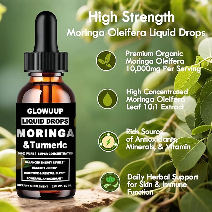 Organic Moringa Liquid Drops, Pure Moringa Leaves w. Turmeric Black Pepper Vitamin C E - Antioxidant, Joint, Digestive & Immune for Men & Women, 6X Absorption Than Capsules Powder Gummies or Pills