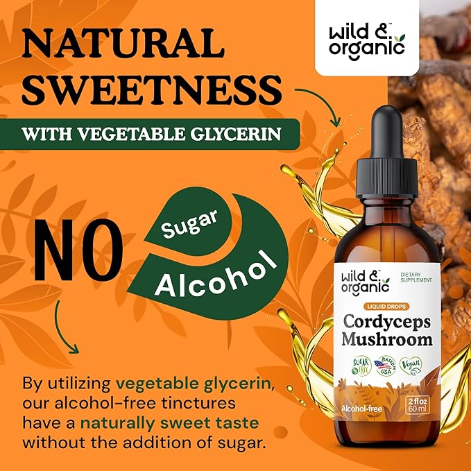 Wild & Organic Cordyceps Mushroom Tincture - Cordyceps Extract Supplement for Energy & Immune Support - Liquid Sinensis Mushroom Drops - Vegan, Sugar & Alcohol-Free - 2 fl oz