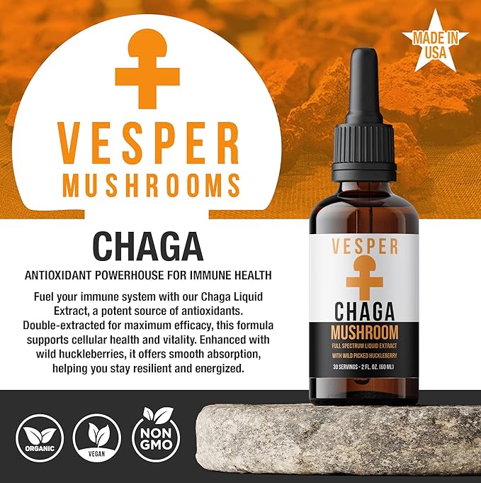 Vesper Chaga Mushroom Liquid Extract - Double Extraction with Wild Huckleberries for Antioxidant Support, Immune Health, USA-Grown, for Vitality & Cellular Defense – 2oz