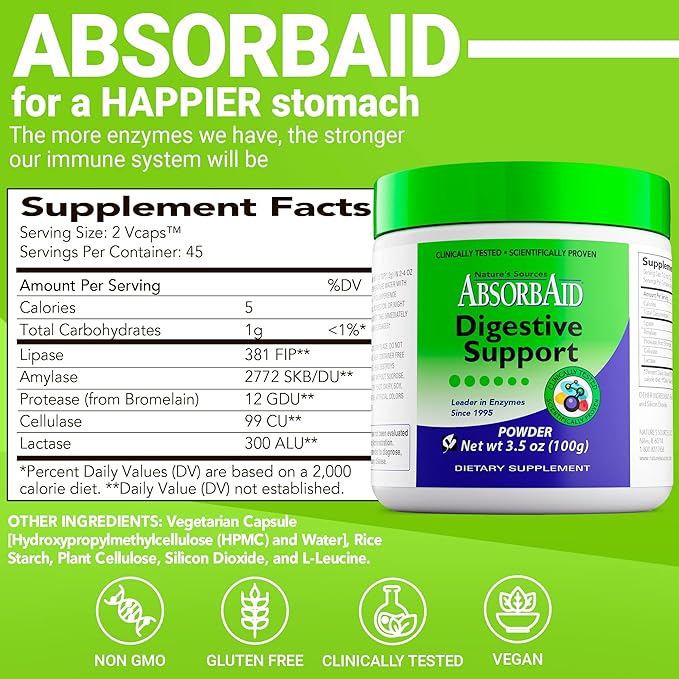 AbsorbAid Digestive Enzymes 100 Grams, Proven to Increase Vital Nutrient Absorption by up to 71%