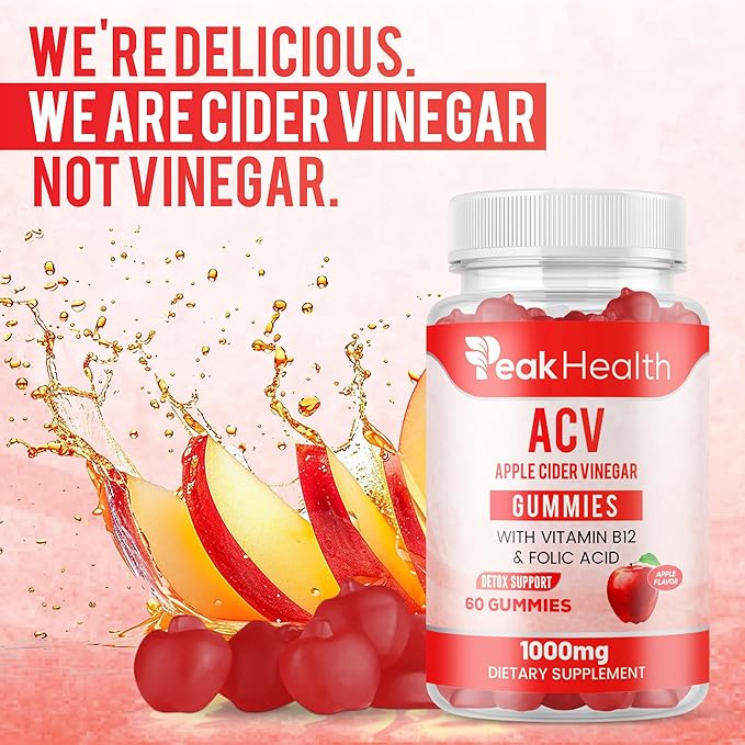 Apple Cider Vinegar Gummies with Vitamins - Delicious Apple Flavor for Women's Health, Metabolism Support & Digestive Wellness, 1000mg ACV with B12, B6, Folic Acid, 60 Vegan Gummies