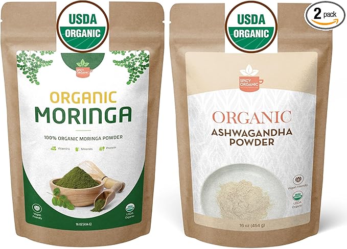 Organic Moringa & Ashwagandha Powder Bundle โ 1 lb (454g) Each โ USDA Organic Herbal Superfood Adaptogens for Energy, Stress Relief, Focus, Immune Support โ Vegan, Non-GMO Supplement for Daily Use