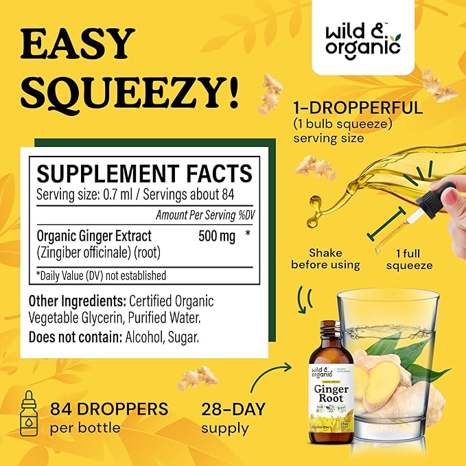 Wild & Organic Ginger Extract Liquid Drops - Immune & Digestive Support - Liquid Ginger Root Supplement - Vegan, Sugar & Alcohol-Free Tincture - 2 fl oz