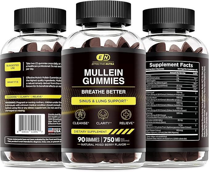 9in1 Mullein Gummies | Lung and Sinus Support for Cleanse, Clarity, and Relief | Vegan, Gluten-Free, Non-GMO Supplement | Natural Berry Flavor, 45-Day Supply, Made in USA (90ct)
