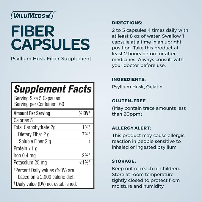 ValuMeds Psyllium Husk Daily Fiber 520mg Capsules Nurtitional Supplement Soluble Dietary Colon Support, Sugar Free for Adults (Men and Women) (800 Count)