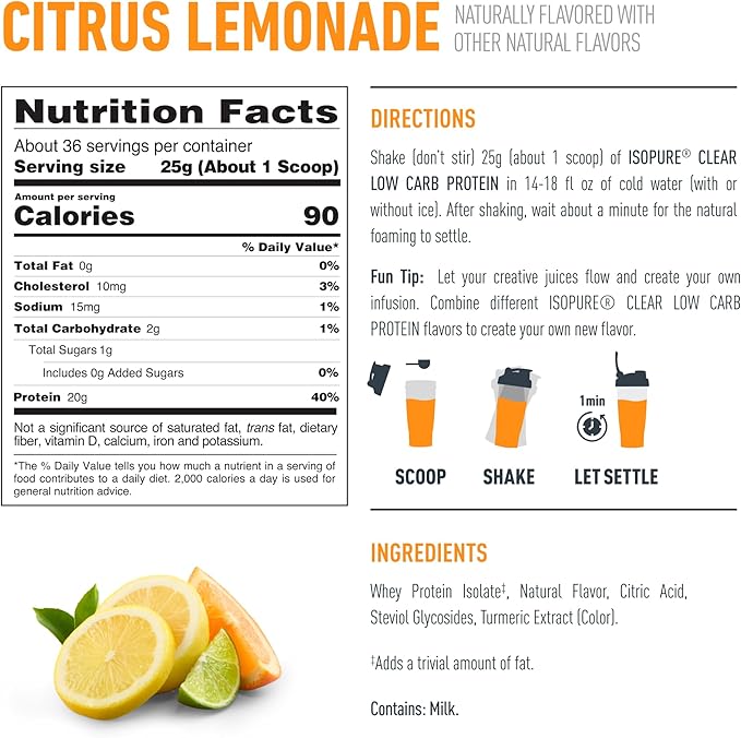 Isopure Clear Whey Isolate Protein Powder Infusions, Lactose Free, Gluten Free, Naturally Flavored, Citrus Lemonade, 20g Protein Per Serving, 1.9 Lb, 36 Servings