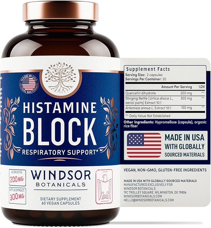 Histamine Blocker for Allergies - Quercetin, Stinging Nettle Flavonoids Natural Antihistamine Tablets - Allergy Relief Supplements & Antihistamines for Adults - 60 Vegan Histamine Block Capsules