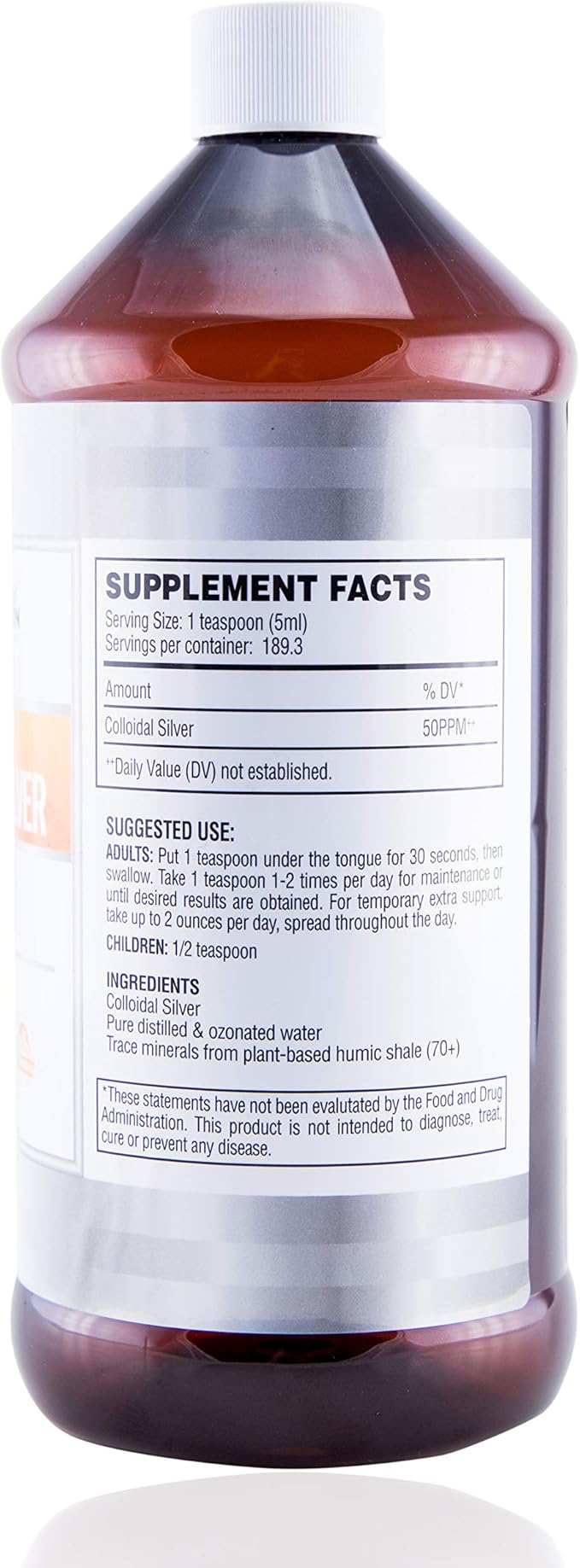 Premium Colloidal Silver Liquid 50PPM | Immune Support True Hydrosol Water Solution with Pure Plant Based Natural Minerals | Bioactive Nanoparticles Sol for Men, Women, Kids, (32 Oz)