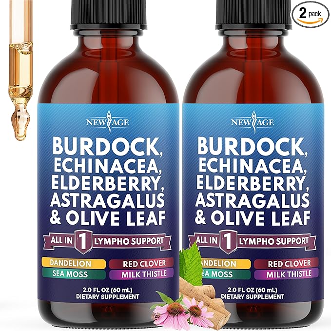 NEW AGE Lymphatic Drainage Supplement - Burdock Lymphatic Support Drops - Burdock Root, Mullein, Echinacea, Elderberry, Dandelion, Astragalus, Milk Thistle, Red Clover - 4 oz