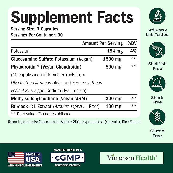 Vegan Glucosamine Chondroitin MSM - 100% Vegan Joint Support Supplement for Women & Men with Burdock and Glucosamine Sulfate 1500 mg. Used for Cartilage and Joint Health and Flexibility - 90 Capsules