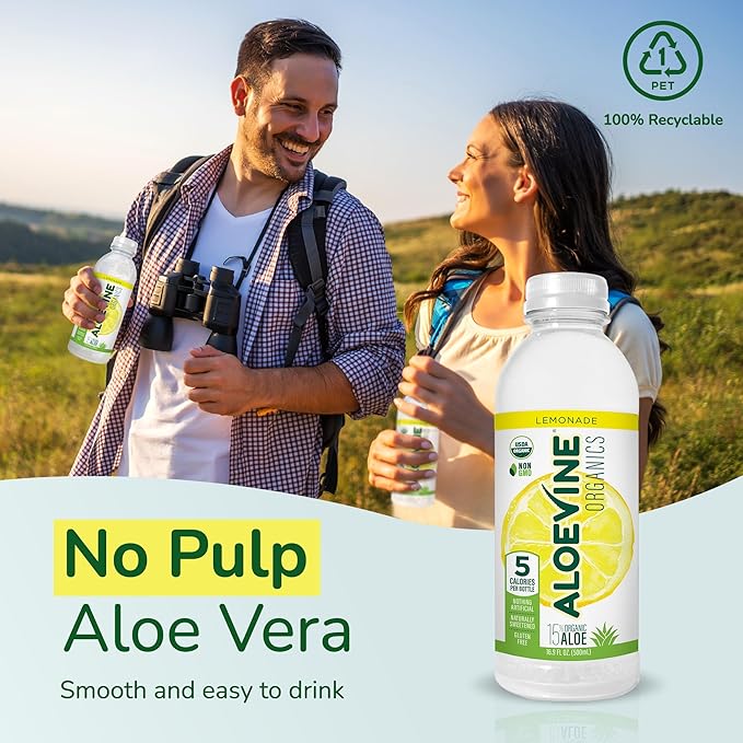 Aloe Vera Juice, No-Pulp Organic Aloe Vera Drink, Healthy Juice with Aloe Powder and Lemon Juice, 5 Calories, Low Sugar, No Artificial Ingredients, 16.9 oz, 12 Pack, Lemonade - Aloevine Organics