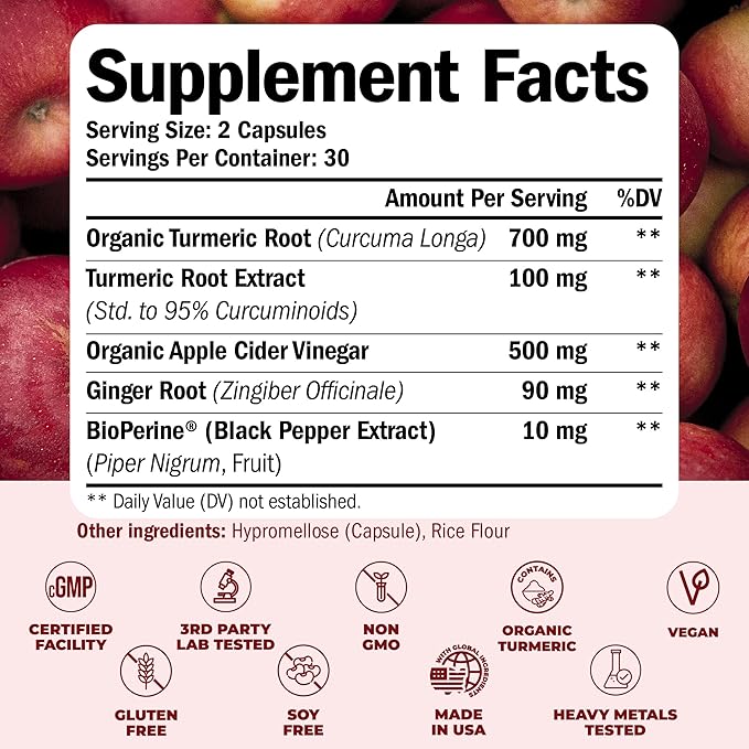 Turmeric Supplement and Organic Apple Cider Vinegar Capsules with Ginger for Joint Health, Metabolic & Digestive Support. Premium Turmeric Apple Cider Vinegar Supplements. Non-GMO. Vegan. 60 ACV Caps