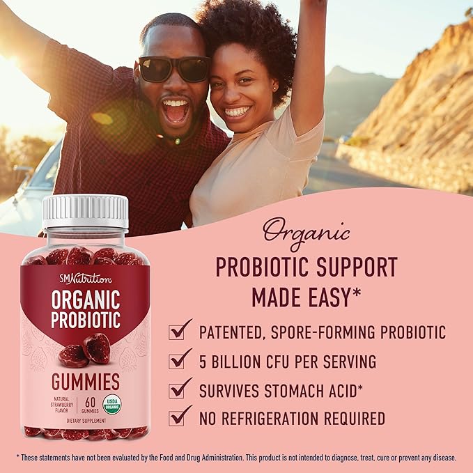 Organic Probiotics Gummies | 5 Billion CFU Probiotics for Digestive Health & Immune Support | Hardy Bacillus Subtilis | Strawberry Gummies | Shelf Stable, Gluten-Free, Vegan | 60 Ct. (1 Month Supply)