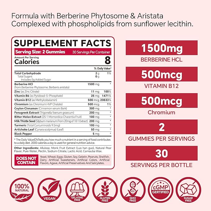 Berberine Supplement 1500mg,Sugar Free Berberine with Ceylon Cinnamon Gummies,Chromium,Turmeric, Fenugreek for Naturally Metabolism Balanced, Berberine HCl from Indian Barberry Extract, 120 Cts