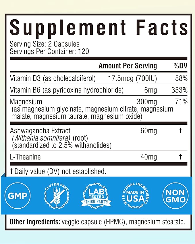 Terranics Magnesium Complex Supplement with Glycinate, Citrate, Taurate & Malate | Supports Nerve & Mood Health | Includes Ashwagandha, L-Theanine, Vitamin D3 & B6 | 240 Capsules | Non-GMO