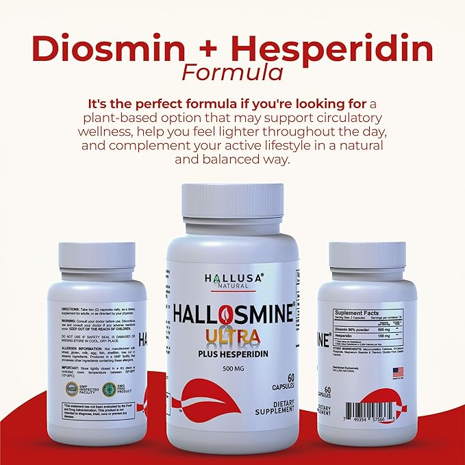 Hallosmine Ultra Diosmin 500mg & Hesperidin 150mg, Circulatory Supplement & Support for Circulation & Veins, Diosmin Hesperidin Circulate Supplement, Varicose Veins - 02 Bottles - 120 Caps