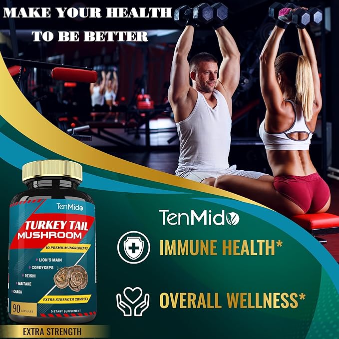 Turkey Tail Mushroom Supplement Extract with Lions Mane, Cordyceps, Reishi and More, 10 Herbs in 1 | Improves Digestive Function, Supports Immune System, 3 Months Supply