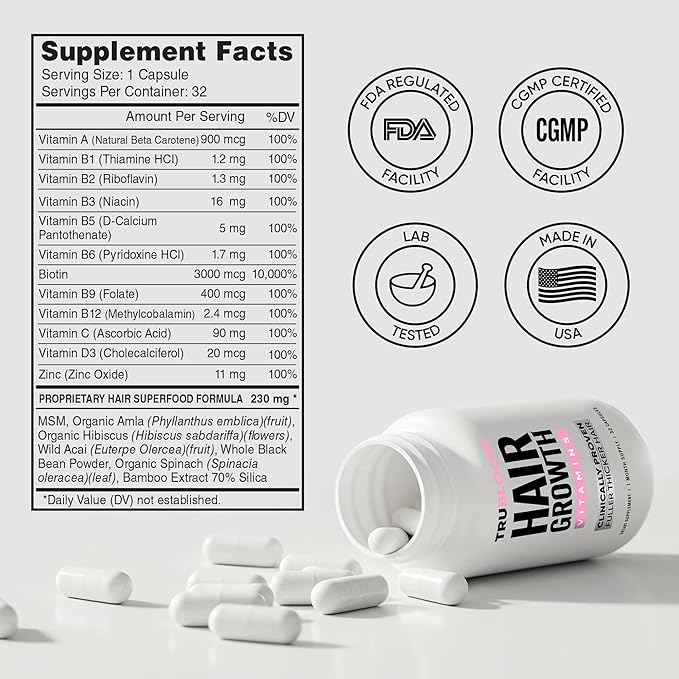 Tru Bloom Hair Growth Vitamins - 1 Month Supply. Clinically Proven to Grow Fuller, Thicker Hair. Natural & Drug-Free with Biotin, MSM, Zinc, D3 + Hair Superfoods. Non GMO