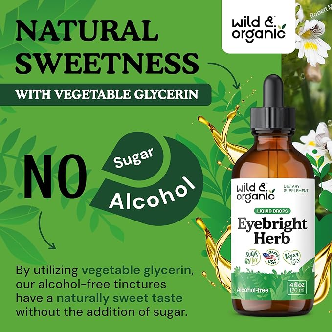 Wild & Organic Eyebright Herb Tincture - Vision Support with Euphrasia Extract - Dietary Eyebright Drops 500 mg - Vegan, Sugar & Alcohol-Free Liquid Supplement - 4 fl oz