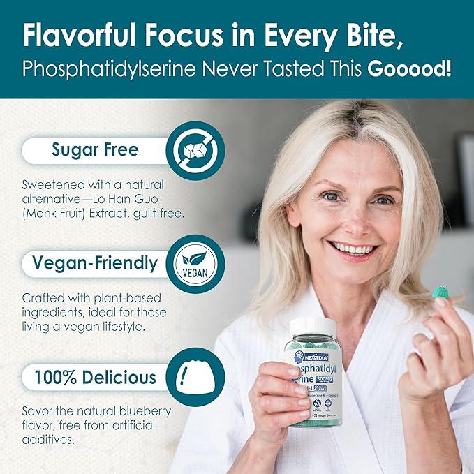 Phosphatidylserine - Nootropic Brian Supplement, Focus & Energy Gummies+ Bacopa Monnieri, Omega 3, Huperzine A, Methyl B12 & B6 for Seniors, Gamers, Workers, Non-GMO, Caffeine-Free, Sugar Free, 2 Pack