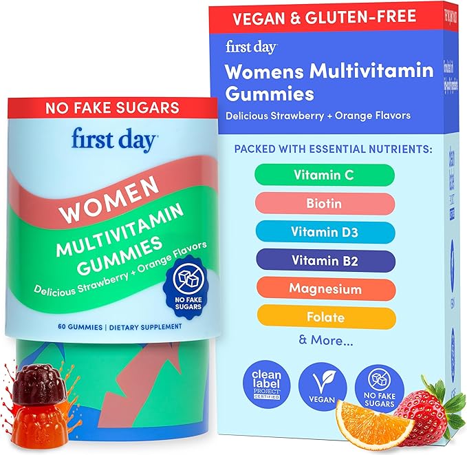 FIRST DAY Multivitamin for Women - Daily Womens Multivitamin Gummies - Vitamin A C D E B12, Magnesium, Zinc, Biotin – Vegan, Gluten Free Womens Vitamins - Hair Growth, Skin, Energy – 30 Day Supply