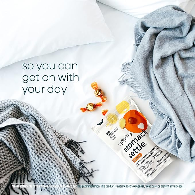 UpSpring Stomach Settle for Moms Drops for Occasional Morning Sickness with Ginger, Lemon, Spearmint, and B6. Individually Wrapped Drops, 28 Ct(Packaging May Vary)