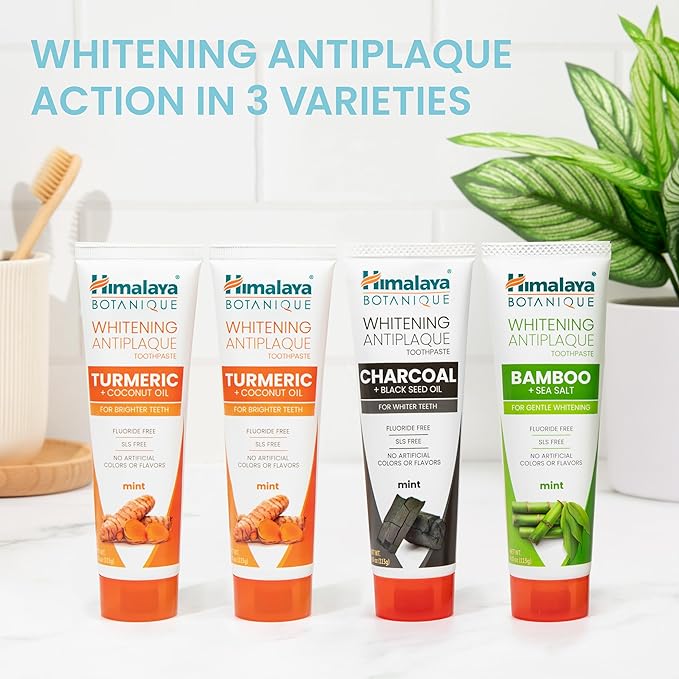 Himalaya Botanique Whitening Antiplaque Toothpaste, Variety Pack Mint Flavors - Whitening Toothpaste Without Fluoride for Whiter Teeth & Fresh Breath - Vegan, Gluten Free, 4 oz (Pack of 4)