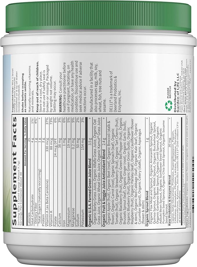 Garden of Life Raw Organic Perfect Food Green Superfood Juiced Greens Powder - Apple Flavor, 30 Servings - Vegan Gluten Free Whole Food Dietary Supplement, Greens Plus Probiotics & Enzymes