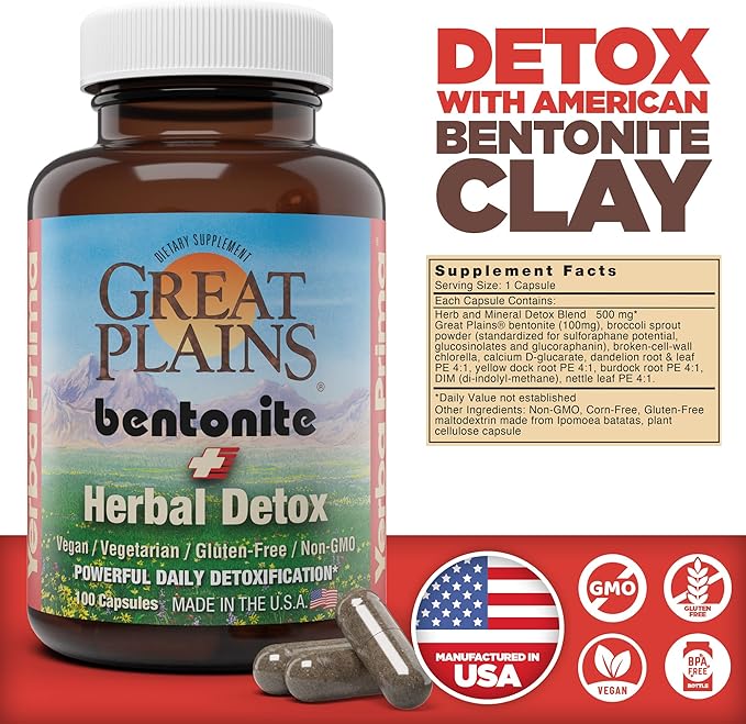 Yerba Prima Great Plains Bentonite Clay Caps Plus Herbal Detox (Pack of 2) - Food Grade - Liver & Colon Cleanse Supplement Capsules