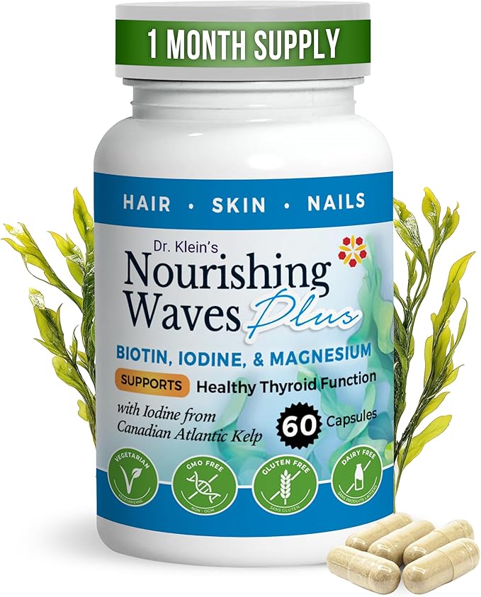 Nourishing Waves Plus - Thyroid Support Supplement with Kelp, Iodine, Selenium & Biotin - Vitamin B Complex (B1, B3, B6) for Healthy Hair, Skin & Nails for Men & Women, Prevent Hair Loss - 60 Capsules