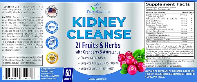 Herbal Kidney Cleanse with Cranberry Extract, Astralagus - 21 Fruits & Herbs - Detox & Cleanse Urinary Tract & Bladder Health, Kidney Support, 60 Vegan Capsules