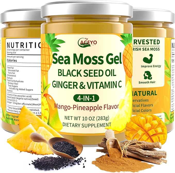 ACEYO Sea Moss Gel - Wildcrafted Irish Sea Moss with Black Seed Oil & Ginger,Rich in Minerals & Vitamins,Immunity & Health Support,Non-GMO, Vegan,Mango Pineapple Flavor,10 oz (Pack of 1)