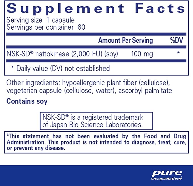 Pure Encapsulations NSK-SD - 100 mg Nattokinase - for Normal Blood Circulation - Supports Fibrinolytic Activity* - Gluten Free & Non-GMO - 60 Capsules