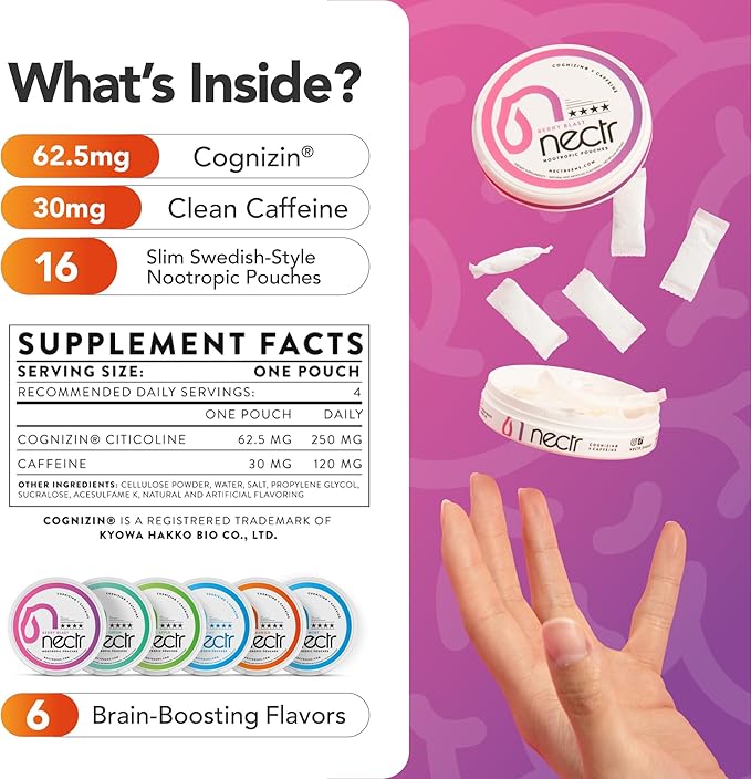 Nectr Energy Nootropic Pouches – Mild Mint Flavored, Caffeine Pouches with Cognizin® Citicoline. Sugar-Free Brain Treats. Smooth, Sustained Focus & Energy Supplement - 5 Pucks of 16pcs