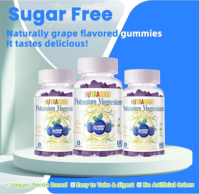 Potassium Magnesium Gummies,Potassium Supplement w/Ashwagandha,High Absorption Magnesium Glycinate,B6,D3,Potassium Citrate for Leg Cramps,Muscle,Electroyte for Adults Kids,Sugar-Free, 60 Gummies