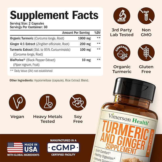 Turmeric Curcumin Supplement with Ginger for Joint Support, Digestive & Gut Health - Contains Organic Turmeric Curcumin with Black Pepper (Bioperine) for Max Absorption - Ginger Root Capsules - 2 Pack