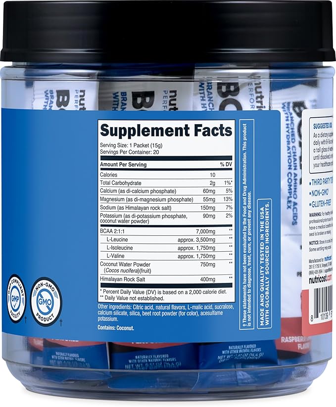 Nutricost BCAA+ Hydration Raspberry Lemonade (20 Stickpacks) - Branched Chain Amino Acids with Hydration Complex - Gluten-Free, Non-GMO