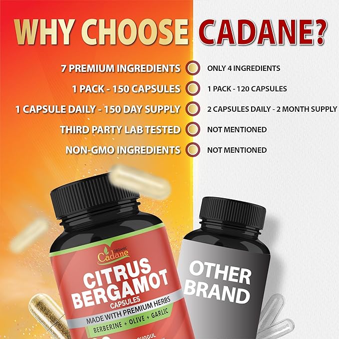 Organic Cadane Citrus Bergamot Supplement Capsules with Berberine, Olive, Guggul, Garlic, Pine Bark, Black Pepper - 150 Caps for 5 Months Supply