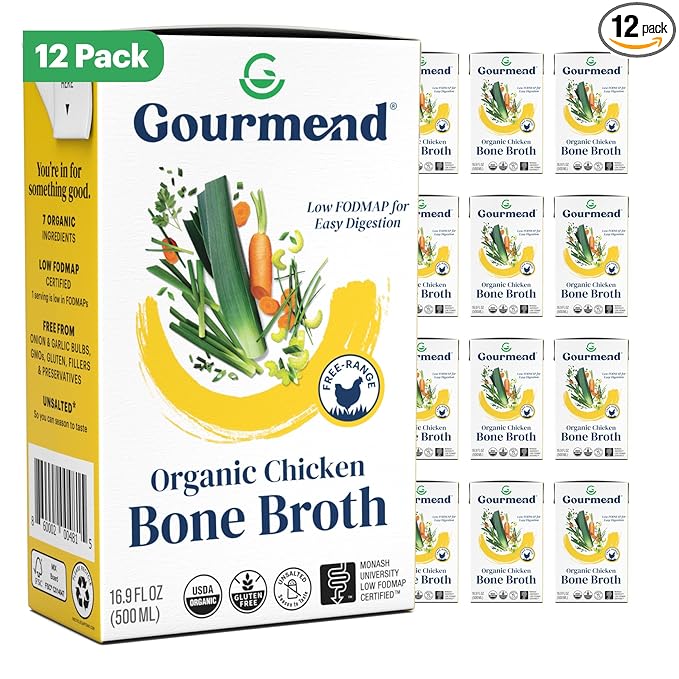 Organic Unsalted 16.9oz Chicken Bone Broth (12 Pack) – 7 Ingredients, Low FODMAP Certified, Filler Free, Gluten Free, Onion & Garlic Bulb Free