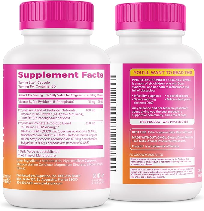 Pink Stork Prenatal Probiotics for Women - 50 Billion CFU, Vitamin B6, Prebiotics, Morning Sickness, Gut Microbiome, Pregnancy Probiotic, Immune Support, Pregnancy Must Haves - 30 Capsules