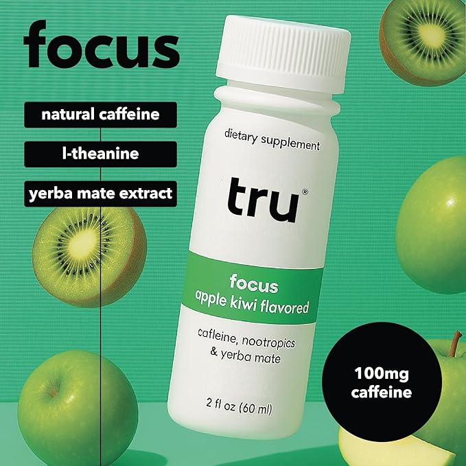 Tru Focus Shot, Apple Kiwi Flavored Extra Strength Energy Shots - Zero Sugar Nootropic Drink plus Adaptogens, Choline, and Yerba Mate - Natural Caffeine, GF, Keto, Vegan Supplement, 2oz (Pack of 24)