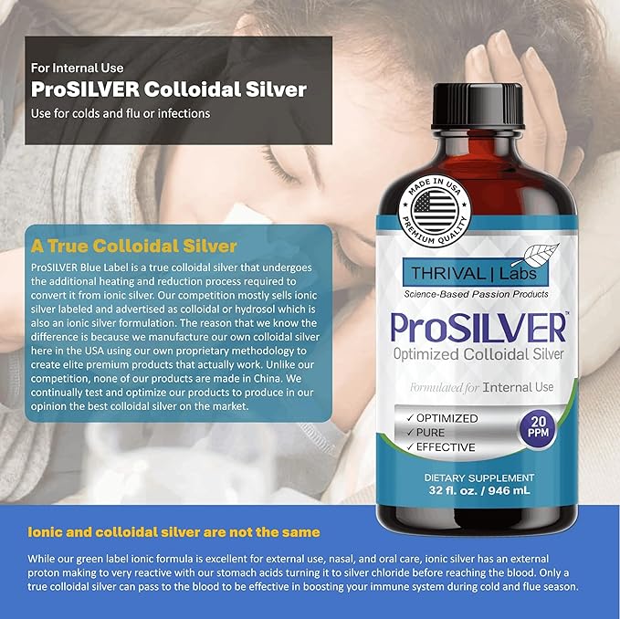 ProSILVER Blue Label 20 PPM True Colloidal Silver Liquid (32oz), Optimized Bio-Active Nano-Sized Liquid Silver for Immune Support, Dark Glass Bottle - Thrival Labs (Plata coloidal)