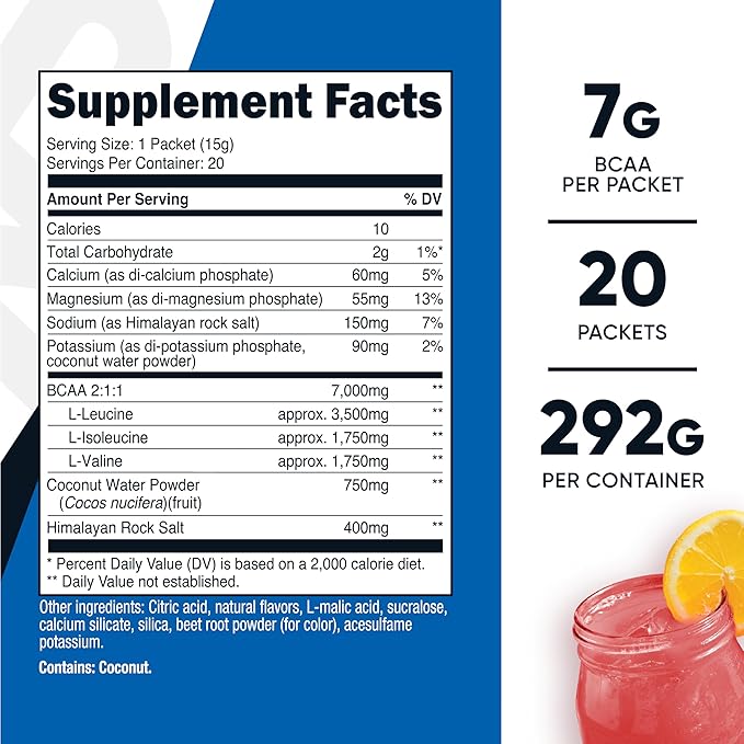 Nutricost BCAA+ Hydration Raspberry Lemonade (20 Stickpacks) - Branched Chain Amino Acids with Hydration Complex - Gluten-Free, Non-GMO