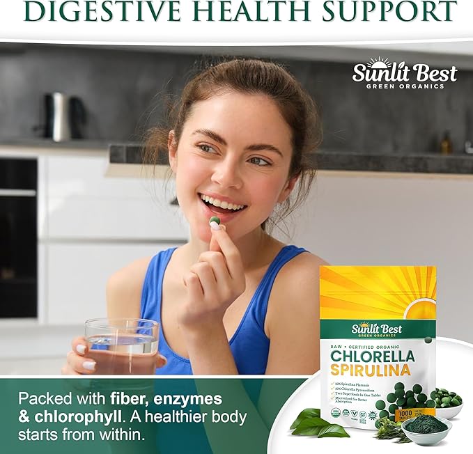 Sunlit Best Chlorella Spirulina Tablets - Organic USDA, Premium Spirulina and Chlorella Tablets 1000 Count - Sun Chlorella Pure Natural Superfood with Algae, Enzymes Chlorophyll & Vegan Protein