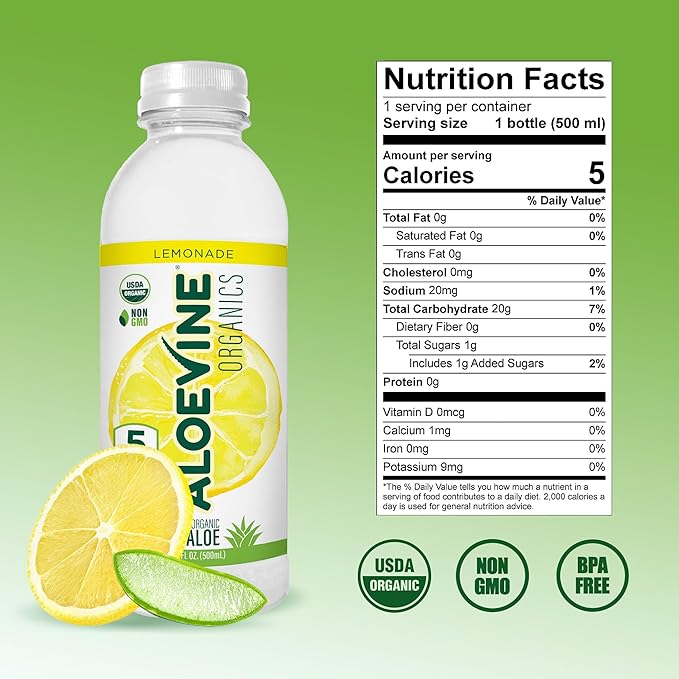 Aloe Vera Juice, No-Pulp Organic Aloe Vera Drink, Healthy Juice with Aloe Powder and Lemon Juice, 5 Calories, Low Sugar, No Artificial Ingredients, 16.9 oz, 12 Pack, Lemonade - Aloevine Organics