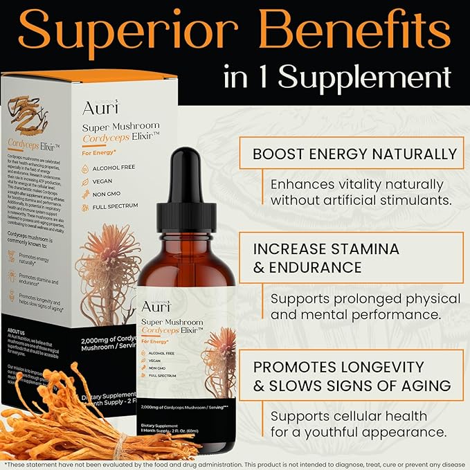 Auri Super Mushroom Cordyceps Elixir for Stamina, Natural Energy, Youthfulness and Longevity with Full Spectrum Support - Cordyceps Tincture 60 ml